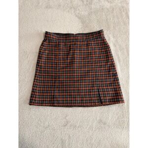 LOFT Plaid A Line Mini Skirt Orange Grey Size 2 Wool Blend Slit Detail